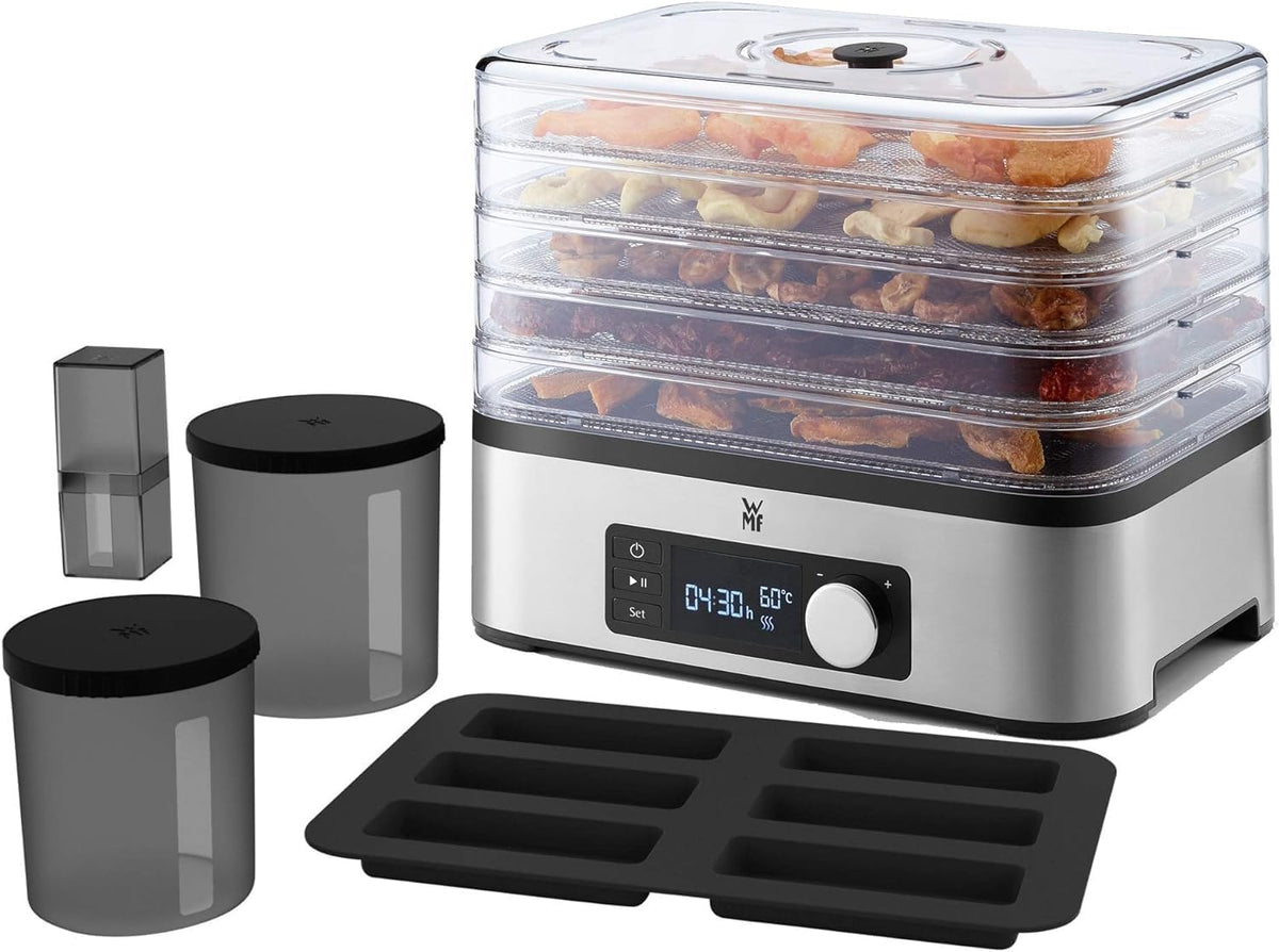 WMF KITCHENminis Dehydrator, 400 W, Stainless Steel, 5 Trays BPA Free, Programmable Dried Fruits, Vegetables, Dehydrated Mushrooms, Cereal Bars, Cromargan 0415250011(Taille Unique)