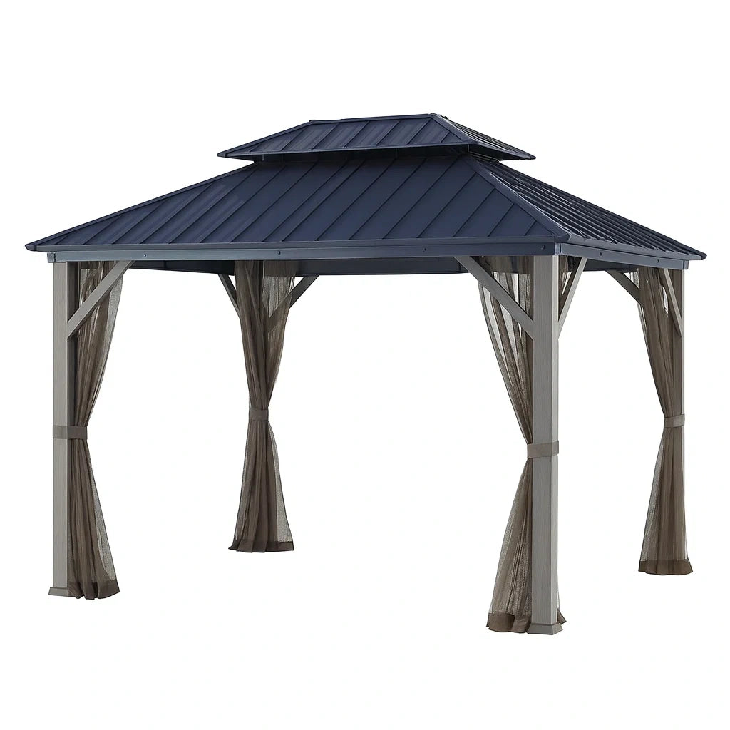 Tonnelle en aluminium avec toit en métal et moustiquaire(Gris/Bleu Foncé)