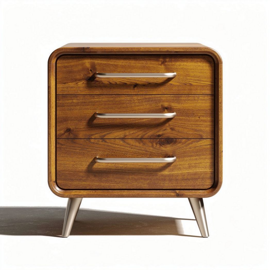 Table de nuit en bois massif avec trois tiroirs et pieds en métal 50 x 40 x 60cm