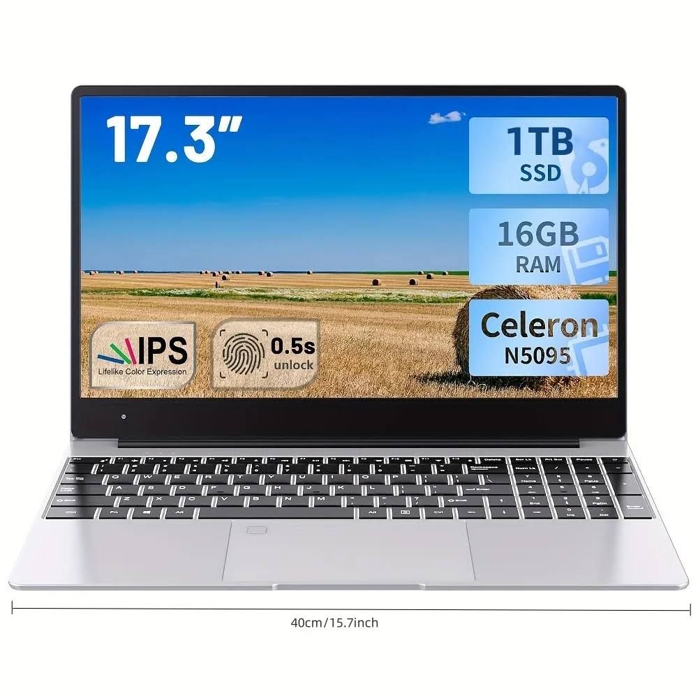 2025 nouveau 17.3 ordinateur Portable 16GB RAM 512GB 1TB SSD Intel N5095 Portable ordinateur(Argent/Noir)