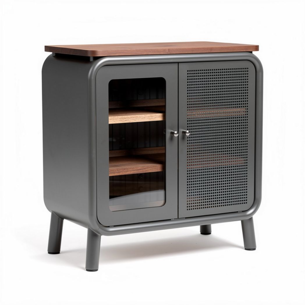 Meuble de rangement en métal gris avec portes en bois 80 x 40 x 80cm