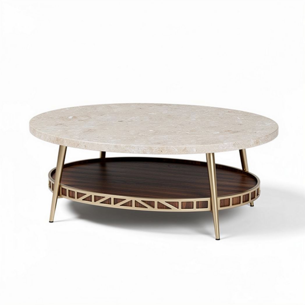 Table basse ronde en marbre et bois avec espace de rangement 100 x 100 x 40cm