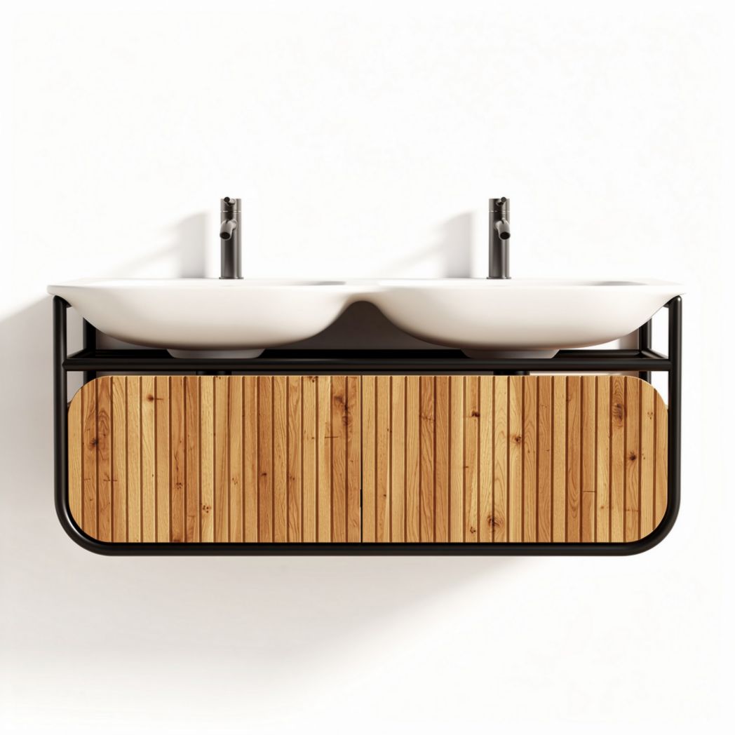 Meuble de salle de bain en bois de bambou avec double vasque 100 x 50 x 60cm