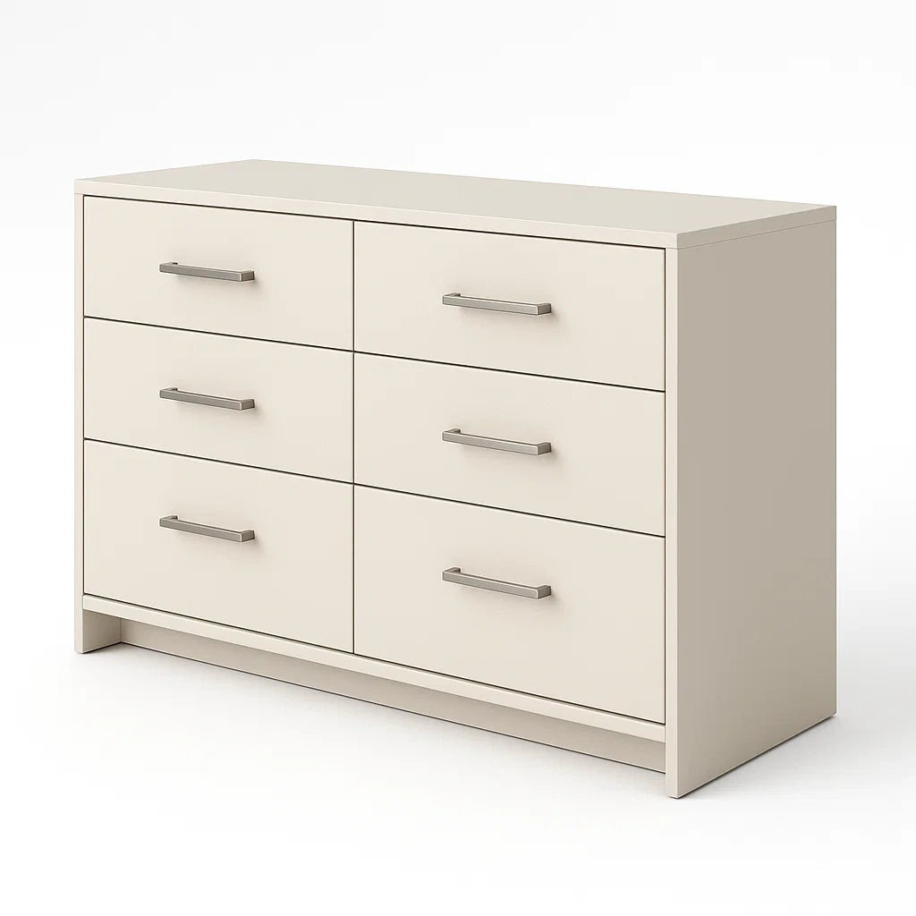 Commode à tiroirs 6 tiroirs en bois avec poignées en métal(Blanc crème)