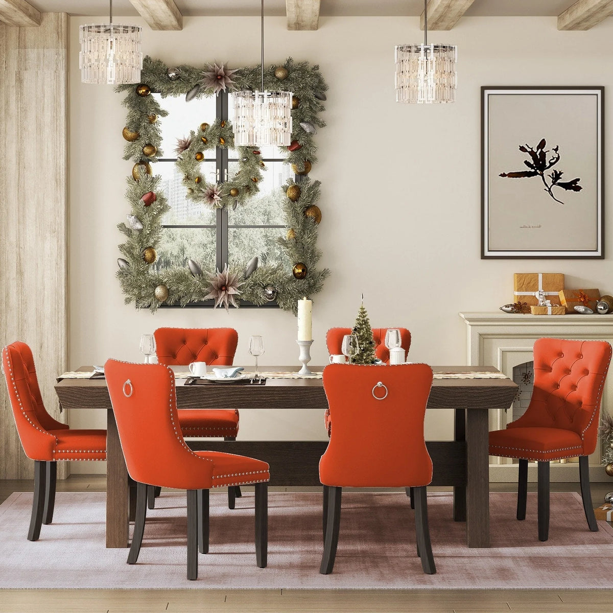 Upholstered Tufted Velvet Dining Chair with Solid Wood Legs Set of 6(Orange)